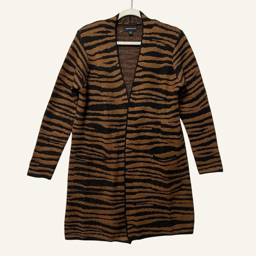 Fortune + Ivy Open Front Longline Cardigan Size Large Black Brown Zebra Stripe